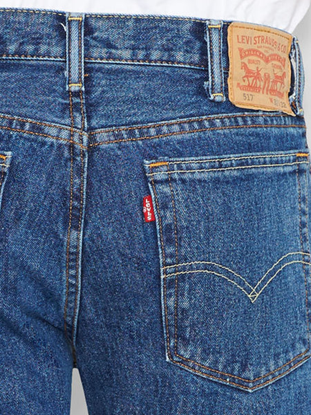 Levi's 005174891 Mens 517 Mid Rise Slim Fit Bootcut Jeans Medium Stonewash back pocket close up. If you need any assistance with this item or the purchase of this item please call us at five six one seven four eight eight eight zero one Monday through Saturday 10:00a.m EST to 8:00 p.m EST