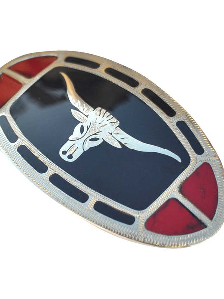 Johnson & Held JHLONGHORN Nickle Silver Longhorn Handcrafted Belt Buckle close up of front. If you need any assistance with this item or the purchase of this item please call us at five six one seven four eight eight eight zero one Monday through Saturday 10:00a.m EST to 8:00 p.m EST