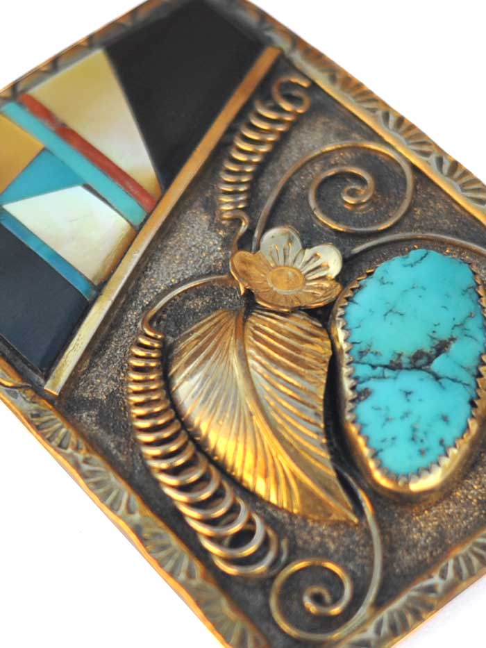 Johnson & Held EKINGFLORAL Sterling Silver Gold Leaf Turquoise Stone Belt Buckle front view. If you need any assistance with this item or the purchase of this item please call us at five six one seven four eight eight eight zero one Monday through Saturday 10:00a.m EST to 8:00 p.m EST