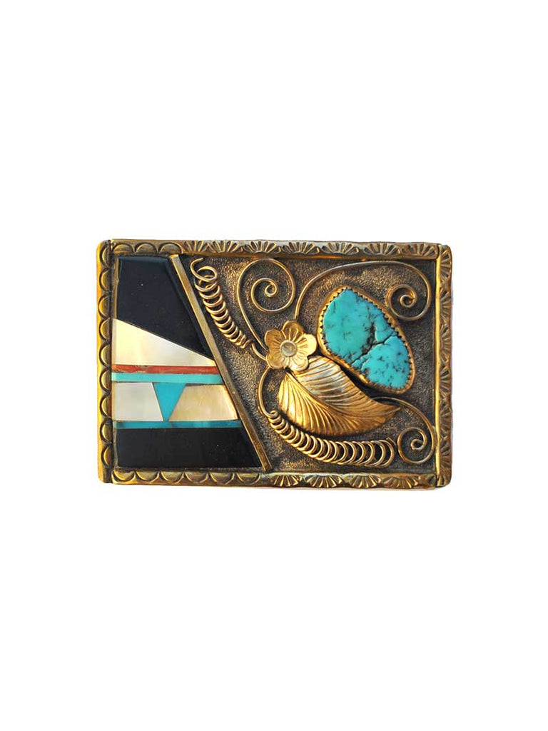 Johnson & Held EKINGFLORAL Sterling Silver Gold Leaf Turquoise Stone Belt Buckle front view. If you need any assistance with this item or the purchase of this item please call us at five six one seven four eight eight eight zero one Monday through Saturday 10:00a.m EST to 8:00 p.m EST
