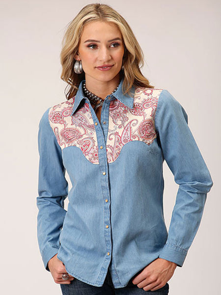 Roper 03-050-0594-3030 Womens Long Sleeve Denim Retro Shirt Blue front view. If you need any assistance with this item or the purchase of this item please call us at five six one seven four eight eight eight zero one Monday through Saturday 10:00a.m EST to 8:00 p.m EST