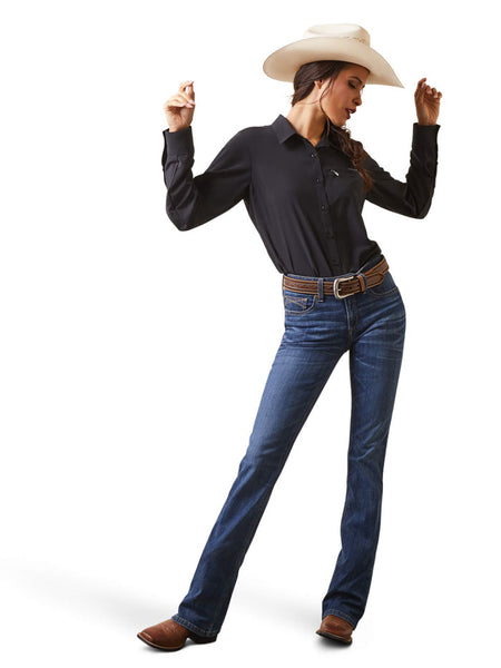 Ariat 10043146 Womens REAL Perfect Rise Leila Boot Cut Jean Irvine front view. If you need any assistance with this item or the purchase of this item please call us at five six one seven four eight eight eight zero one Monday through Saturday 10:00a.m EST to 8:00 p.m EST