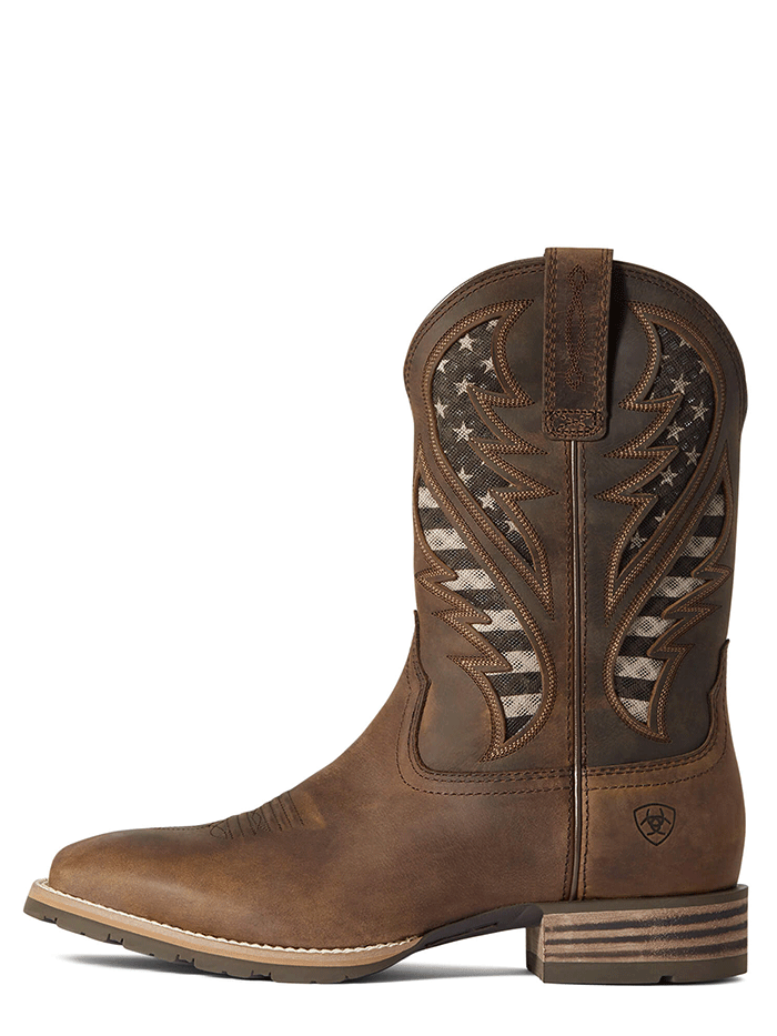 Ariat 10038340 Mens Hybrid VentTEK Western Boot American Flag Distressed Brown front-side view. If you need any assistance with this item or the purchase of this item please call us at five six one seven four eight eight eight zero one Monday through Saturday 10:00a.m EST to 8:00 p.m EST
