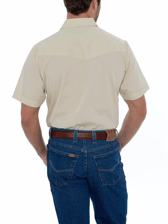 Ely Cattleman 15201605-23 Mens Short Sleeve Solid Western Shirt Ecru front view tucked in. If you need any assistance with this item or the purchase of this item please call us at five six one seven four eight eight eight zero one Monday through Saturday 10:00a.m EST to 8:00 p.m EST