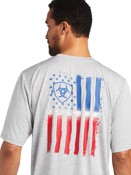 Ariat 10040634 Mens Charger Vertical Flag Tee Echo Gray close up of back view. If you need any assistance with this item or the purchase of this item please call us at five six one seven four eight eight eight zero one Monday through Saturday 10:00a.m EST to 8:00 p.m EST