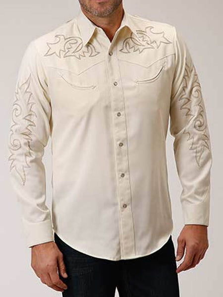 Roper 03-001-0040-0764 Mens Long Sleeve Embroidery Old West Collection White front view. If you need any assistance with this item or the purchase of this item please call us at five six one seven four eight eight eight zero one Monday through Saturday 10:00a.m EST to 8:00 p.m EST