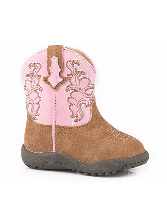 Roper 09-016-0191-2784 TA Infants Blaze Pink Western Stitch Cowbabies Boot Tan side view. If you need any assistance with this item or the purchase of this item please call us at five six one seven four eight eight eight zero one Monday through Saturday 10:00a.m EST to 8:00 p.m EST