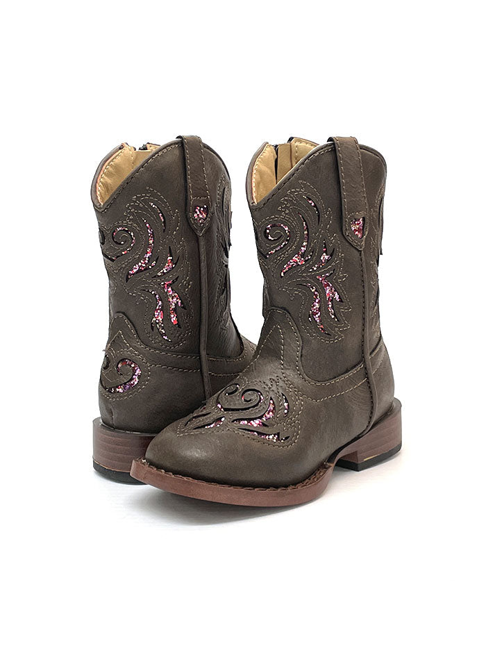 Roper 09-017-1901-2015 Toddlers Glitter Breeze Square Toe Western Boots Brown Zipper on off