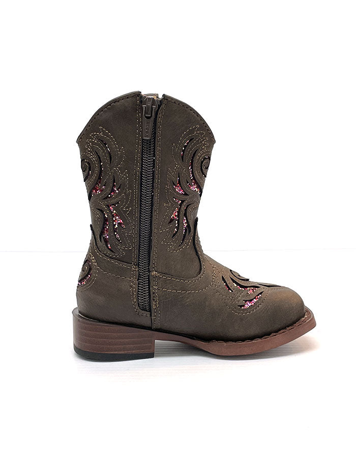 Roper 09-017-1901-2015 Toddlers Glitter Breeze Square Toe Western Boots Brown Zipper on off