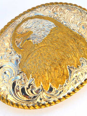 Johnson & Held JHEAGLE American Eagle Nickle Silver Handcrafted Belt Buckle close up of front view. If you need any assistance with this item or the purchase of this item please call us at five six one seven four eight eight eight zero one Monday through Saturday 10:00a.m EST to 8:00 p.m EST