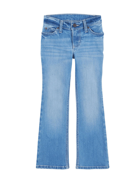 Wrangler 112315035 Girls Boot Cut Jean Mid Light Wash front view. If you need any assistance with this item or the purchase of this item please call us at five six one seven four eight eight eight zero one Monday through Saturday 10:00a.m EST to 8:00 p.m EST
