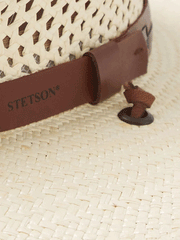 Stetson TSARWY-3830-81 AIRWAY Panama Safari Hat Natural band close up. If you need any assistance with this item or the purchase of this item please call us at five six one seven four eight eight eight zero one Monday through Saturday 10:00a.m EST to 8:00 p.m EST