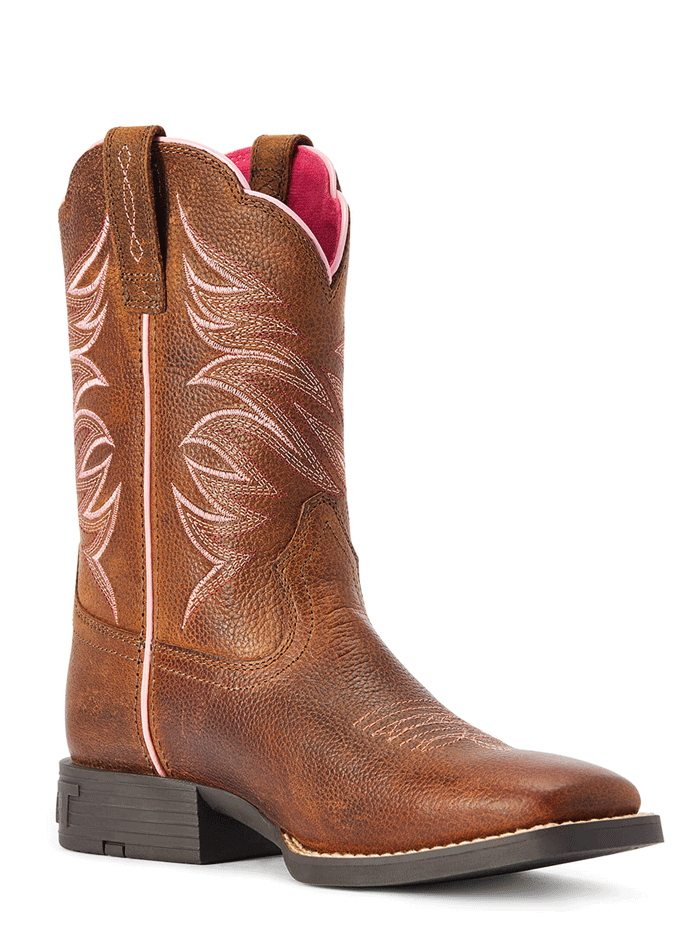 Ariat 10042413 Kids Firecatcher Western Boot Rowdy Brown side and front view. If you need any assistance with this item or the purchase of this item please call us at five six one seven four eight eight eight zero one Monday through Saturday 10:00a.m EST to 8:00 p.m EST