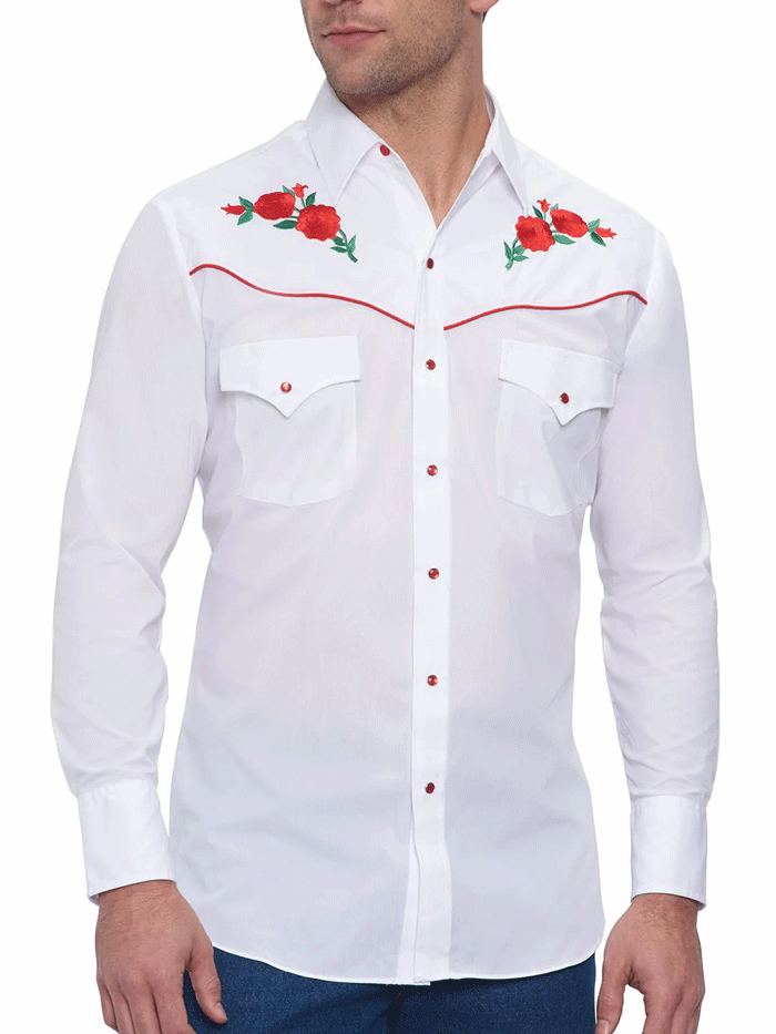Ely Cattleman 15203901-06 Mens Red Rose Embroidery Long Sleeve Western Shirt White front view tucked in. If you need any assistance with this item or the purchase of this item please call us at five six one seven four eight eight eight zero one Monday through Saturday 10:00a.m EST to 8:00 p.m EST