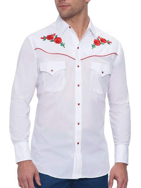 Ely Cattleman 15203901-06 Mens Red Rose Embroidery Long Sleeve Western Shirt White front view untucked. If you need any assistance with this item or the purchase of this item please call us at five six one seven four eight eight eight zero one Monday through Saturday 10:00a.m EST to 8:00 p.m EST