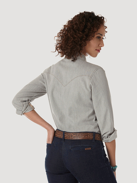 Wrangler LW3961D Womens Long Sleeve Western Snap Shirt Grey Denim back view. If you need any assistance with this item or the purchase of this item please call us at five six one seven four eight eight eight zero one Monday through Saturday 10:00a.m EST to 8:00 p.m EST