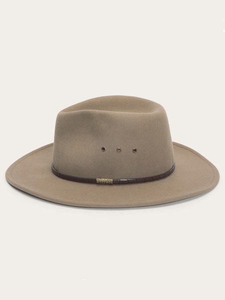 Stetson SWMOAB-8132MU THE MOAB Crushable Wool Felt Hat Mushroom side view. If you need any assistance with this item or the purchase of this item please call us at five six one seven four eight eight eight zero one Monday through Saturday 10:00a.m EST to 8:00 p.m EST