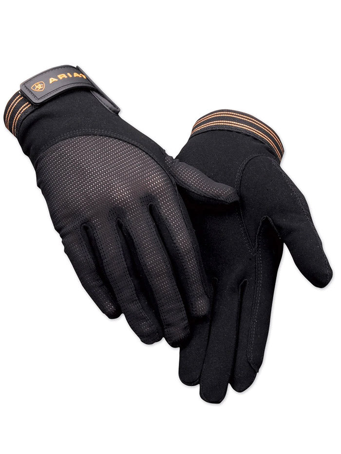 Ariat 10004372 Unisex Air Grip Gloves Black palm and top view. If you need any assistance with this item or the purchase of this item please call us at five six one seven four eight eight eight zero one Monday through Saturday 10:00a.m EST to 8:00 p.m EST