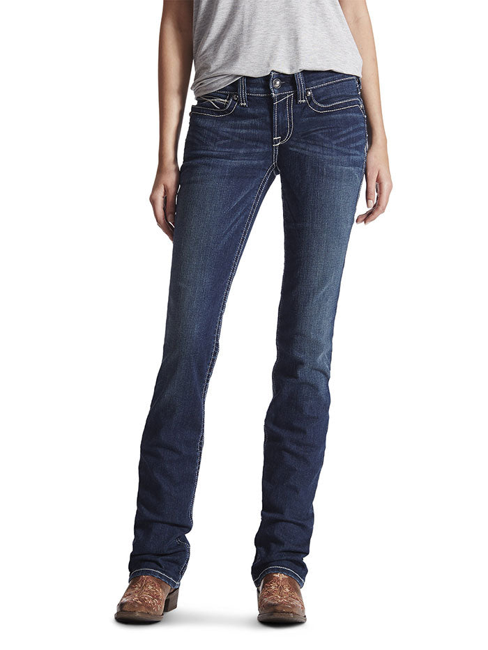 Ariat 10017216 Womens REAL Mid Rise Stretch Icon Stackable Straight Leg Jean Back View. If you need any assistance with this item or the purchase of this item please call us at five six one seven four eight eight eight zero one Monday through Saturday 10:00a.m EST to 8:00 p.m EST