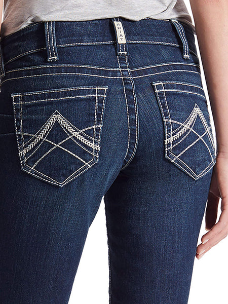Ariat 10017216 Womens REAL Mid Rise Stretch Icon Stackable Straight Leg Jean pocket View. If you need any assistance with this item or the purchase of this item please call us at five six one seven four eight eight eight zero one Monday through Saturday 10:00a.m EST to 8:00 p.m EST