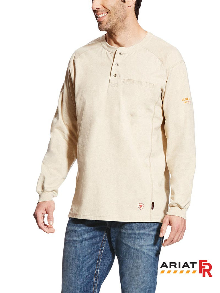 Ariat 10022598 Mens Flame Resistant Air Henley Long Sleeve Work Shirt Front View Sand Heather