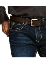 Ariat 10026681 Mens M7 Rocker Concord Stretch Stackable Straight Leg Jean Dodge Close Up on Front Pocket. If you need any assistance with this item or the purchase of this item please call us at five six one seven four eight eight eight zero one Monday through Saturday 10:00a.m EST to 8:00 p.m EST