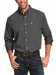 Ariat 10028739 Mens Wrinkle Free Cleverly Classic Geo Print Shirt Black Front view. If you need any assistance with this item or the purchase of this item please call us at five six one seven four eight eight eight zero one Monday through Saturday 10:00a.m EST to 8:00 p.m EST