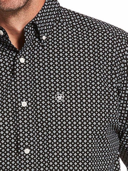 Ariat 10028739 Mens Wrinkle Free Cleverly Classic Geo Print Shirt Black Close up front view. If you need any assistance with this item or the purchase of this item please call us at five six one seven four eight eight eight zero one Monday through Saturday 10:00a.m EST to 8:00 p.m EST