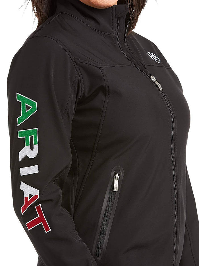 Ariat 10031428 Womens New Team Mexico Softshell Jacket Black front view. If you need any assistance with this item or the purchase of this item please call us at five six one seven four eight eight eight zero one Monday through Saturday 10:00a.m EST to 8:00 p.m EST