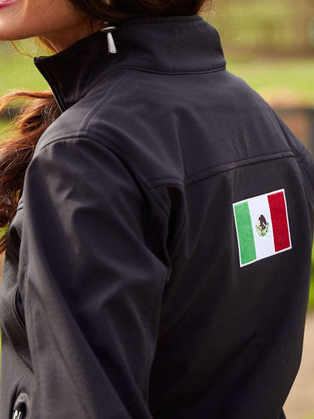 Ariat 10031428 Womens New Team Mexico Softshell Jacket Black back close up view. If you need any assistance with this item or the purchase of this item please call us at five six one seven four eight eight eight zero one Monday through Saturday 10:00a.m EST to 8:00 p.m EST