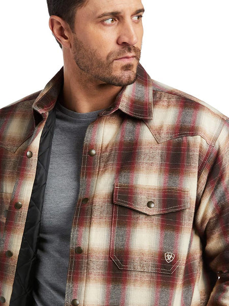Ariat 10037009 Mens Retro Harley Insulated Plaid Shirt Jacket BOARDWALK close up. If you need any assistance with this item or the purchase of this item please call us at five six one seven four eight eight eight zero one Monday through Saturday 10:00a.m EST to 8:00 p.m EST