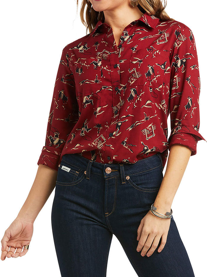 Ariat 10037913 Womens Kelly Button Up LS Western Print Shirt Red