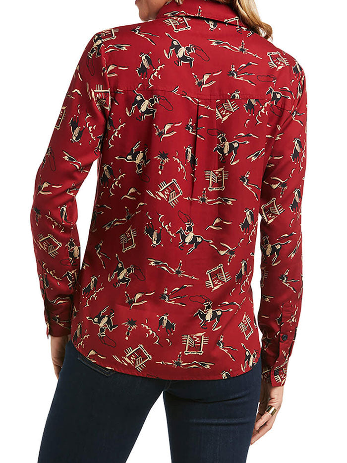 Ariat 10037913 Womens Kelly Button Up LS Western Print Shirt Red front view. If you need any assistance with this item or the purchase of this item please call us at five six one seven four eight eight eight zero one Monday through Saturday 10:00a.m EST to 8:00 p.m EST