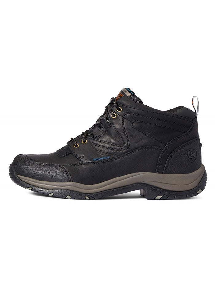 Ariat 10038425 Mens Terrain H2O Waterproof Hiking Work Shoe Black side front view. If you need any assistance with this item or the purchase of this item please call us at five six one seven four eight eight eight zero one Monday through Saturday 10:00a.m EST to 8:00 p.m EST