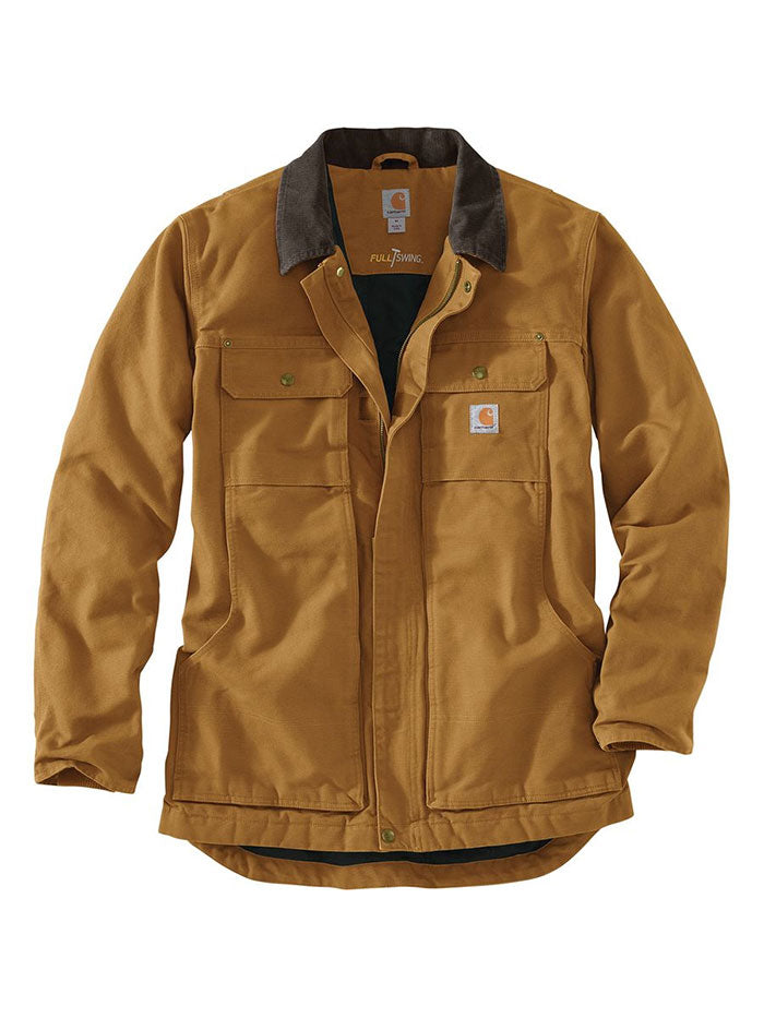 Carhartt 103283-211 Mens Full Swing Armstrong Traditional Insulated Jacket Brown front view on model. If you need any assistance with this item or the purchase of this item please call us at five six one seven four eight eight eight zero one Monday through Saturday 10:00a.m EST to 8:00 p.m EST