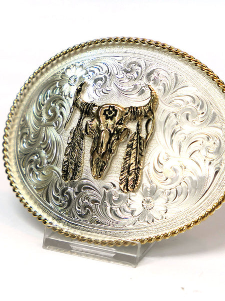 Montana Silversmiths 1350-447 Buffalo Skull With Feather Belt Buckle Silver close up. If you need any assistance with this item or the purchase of this item please call us at five six one seven four eight eight eight zero one Monday through Saturday 10:00a.m EST to 8:00 p.m EST