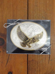Montana Silversmiths 1460 Engraved Western Belt Buckle With Large Eagle Silver front view in box. If you need any assistance with this item or the purchase of this item please call us at five six one seven four eight eight eight zero one Monday through Saturday 10:00a.m EST to 8:00 p.m EST