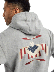Ariat 10042194 Mens Graphic Chimayo Hoodie Heather Gray back design close up. If you need any assistance with this item or the purchase of this item please call us at five six one seven four eight eight eight zero one Monday through Saturday 10:00a.m EST to 8:00 p.m EST