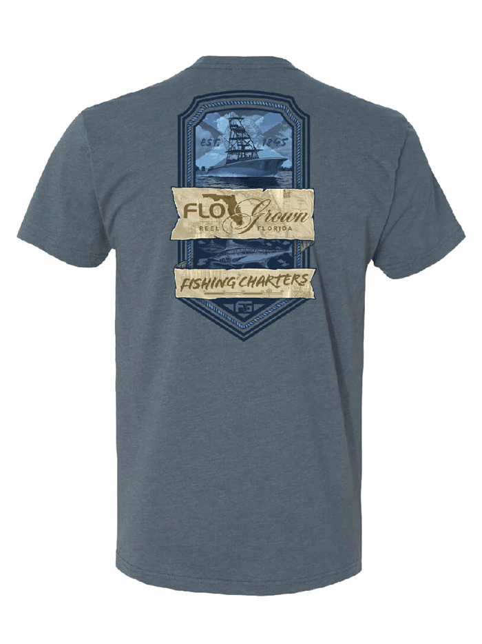 FloGrown FGM-1566 Vertical Charters Tee Indigo back view. If you need any assistance with this item or the purchase of this item please call us at five six one seven four eight eight eight zero one Monday through Saturday 10:00a.m EST to 8:00 p.m EST
