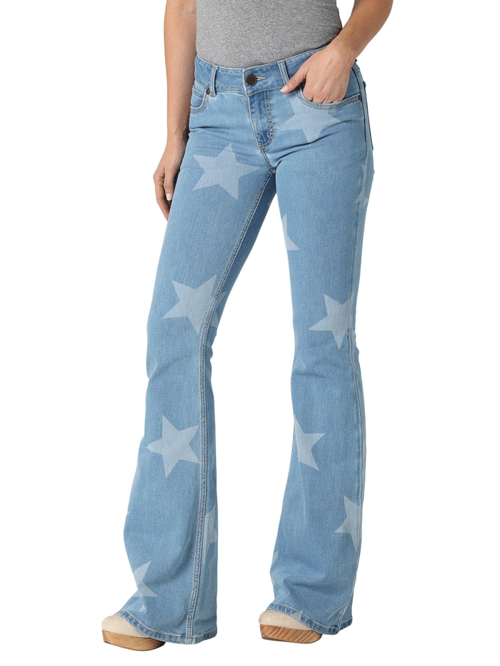 Wrangler Retro Women's Light Wash Mid Rise Star Print Mae Flare Jeans