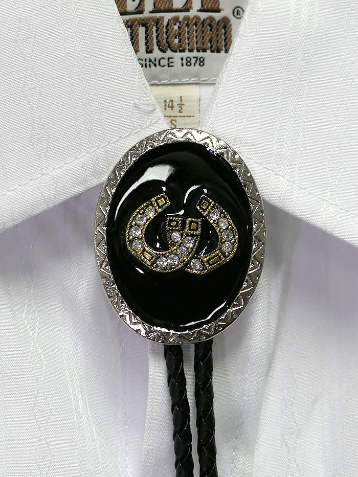 Fashionwest 1708S Crystal Gold Horseshoe Oval Western Bolo Tie front view. If you need any assistance with this item or the purchase of this item please call us at five six one seven four eight eight eight zero one Monday through Saturday 10:00a.m EST to 8:00 p.m EST