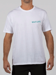 Salt Life SLM10953 Mens Drink Like A Fish Short Sleeve Tee White front view on model. If you need any assistance with this item or the purchase of this item please call us at five six one seven four eight eight eight zero one Monday through Saturday 10:00a.m EST to 8:00 p.m EST
