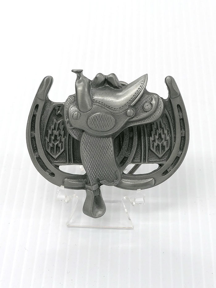 Spec Cast 1964 Horseshoe and Saddle Solid Pewter Belt Buckle  front view. If you need any assistance with this item or the purchase of this item please call us at five six one seven four eight eight eight zero one Monday through Saturday 10:00a.m EST to 8:00 p.m EST