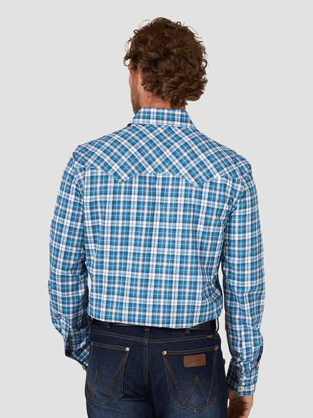 Wrangler 112318744 Mens Retro Long Sleeve Shirt True Blue back view. If you need any assistance with this item or the purchase of this item please call us at five six one seven four eight eight eight zero one Monday through Saturday 10:00a.m EST to 8:00 p.m EST
