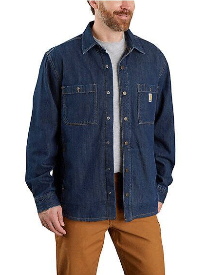 Carhartt 105605-H84 Mens Denim Fleece Lined Snap-Front Shirt Jac Glacier front view on model. If you need any assistance with this item or the purchase of this item please call us at five six one seven four eight eight eight zero one Monday through Saturday 10:00a.m EST to 8:00 p.m EST
