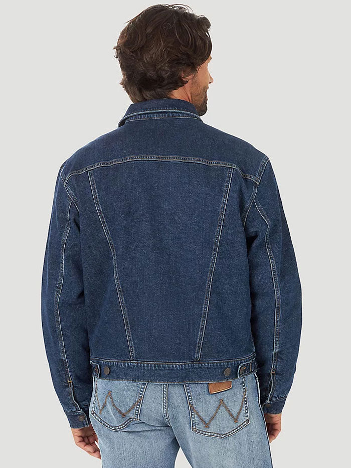 Wrangler 112318302 Mens Retro Sherpa Lined Western Denim Jacket Dusty Blue front view. If you need any assistance with this item or the purchase of this item please call us at five six one seven four eight eight eight zero one Monday through Saturday 10:00a.m EST to 8:00 p.m EST