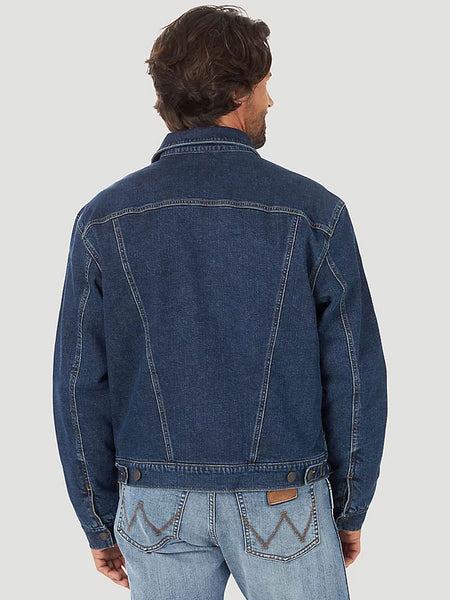 Wrangler 112318302 Mens Retro Sherpa Lined Western Denim Jacket Dusty Blue back view. If you need any assistance with this item or the purchase of this item please call us at five six one seven four eight eight eight zero one Monday through Saturday 10:00a.m EST to 8:00 p.m EST