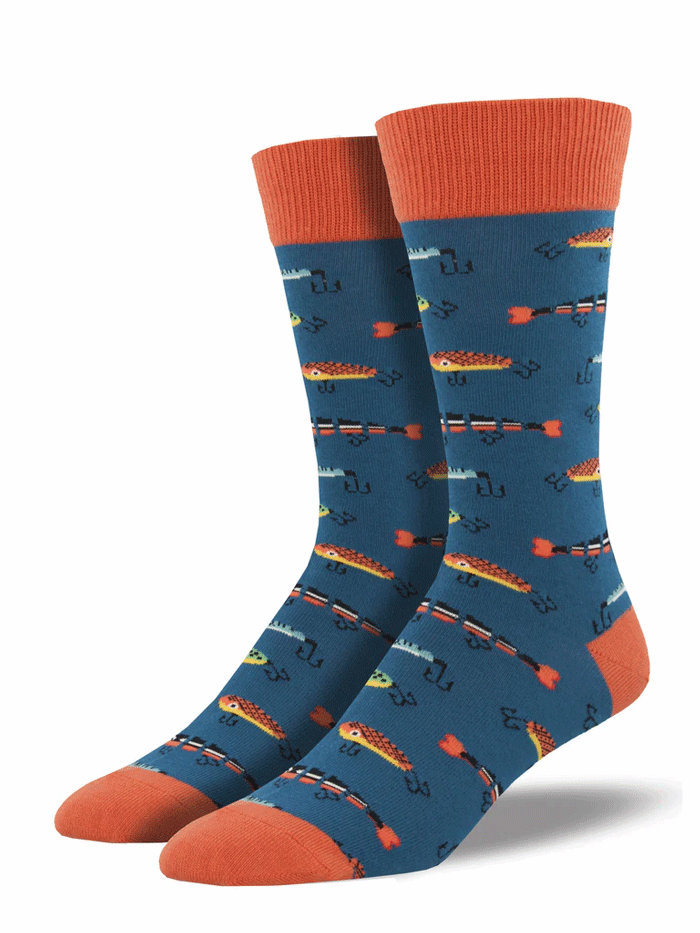 Socksmith MNC661-STB Mens Just Fishing Socks Steel Blue pair front and side view. If you need any assistance with this item or the purchase of this item please call us at five six one seven four eight eight eight zero one Monday through Saturday 10:00a.m EST to 8:00 p.m EST 