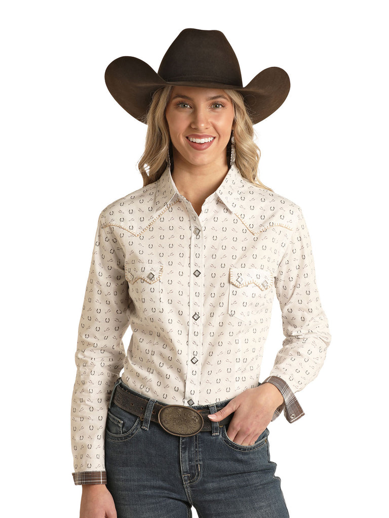 Panhandle RSWSOSR0EQ Womens Horseshoe Snap Shirt Taupe front view