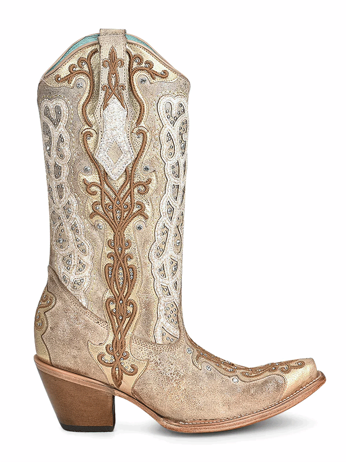 Corral C3895 Ladies Overlay Embroidered And Studs Boot Gold Bone side-front view. If you need any assistance with this item or the purchase of this item please call us at five six one seven four eight eight eight zero one Monday through Saturday 10:00a.m EST to 8:00 p.m EST